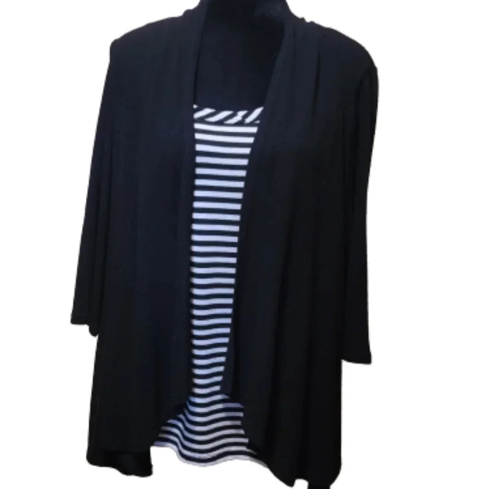 Moa Moa 2 in 1 Black/white Striped tank with attached black sweater. 3/4 sleeve